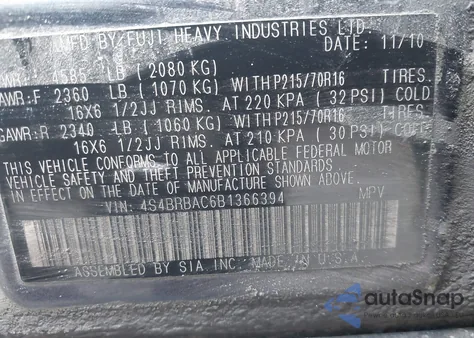 2011 Subaru Outback 2.5I z USA, uszkodzony, nr VIN 4S4BRBAC6B1366394